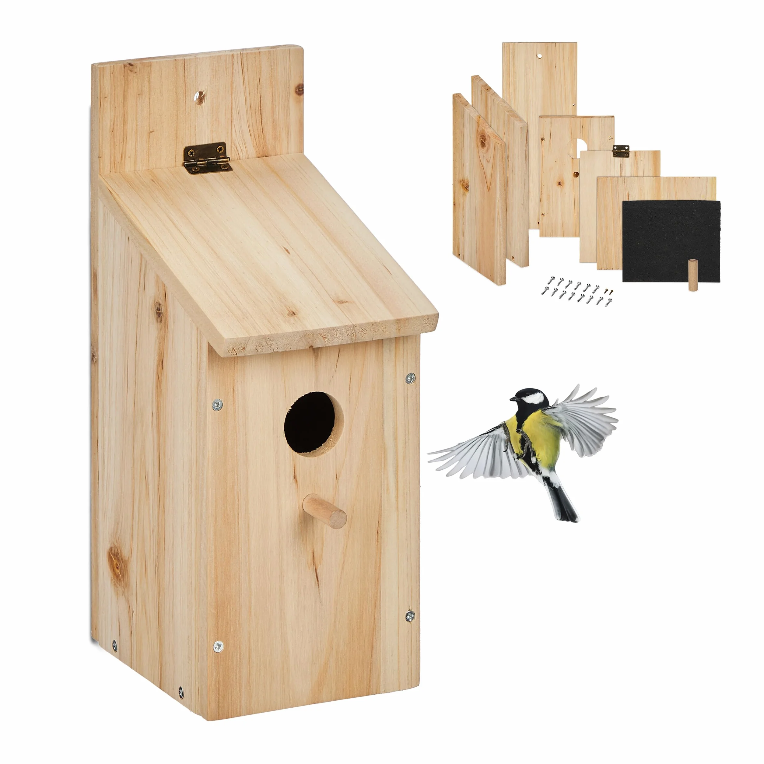 Relaxdays Casa per Uccelli, Casetta Nido da Appendere, Kit in Legno, con Foro e Posatoio, HLP 29,5x11,5x17 cm, Naturale