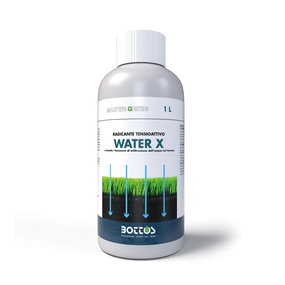 Bottos WATERX, Fertilizzante Radicante per Prato, Combatte Dry Spot, Agente Umettante Profondo, 1Lt