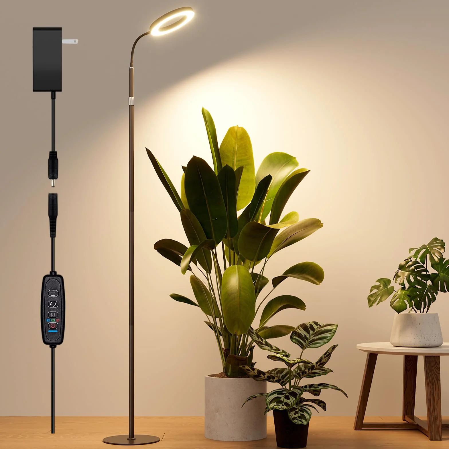 Bamworld Lampada da Coltivazione a LED a Spettro Completo, Lampada da Terra con Altezza Regolabile, 10 Livelli di Luminosità, Timer 3/9/12H, per Piante da Interno